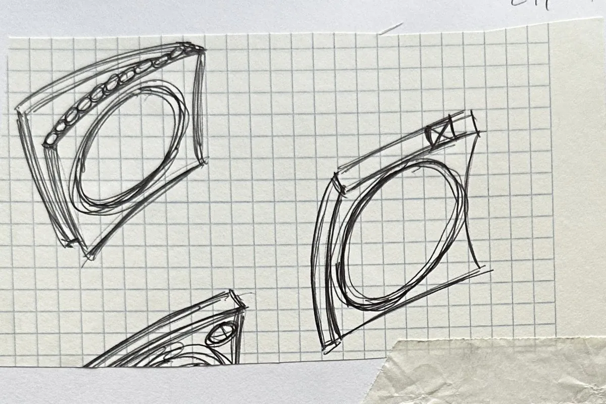 Skizze aus dem Archiv: zwei Ringentwürfe auf kariertem Papier